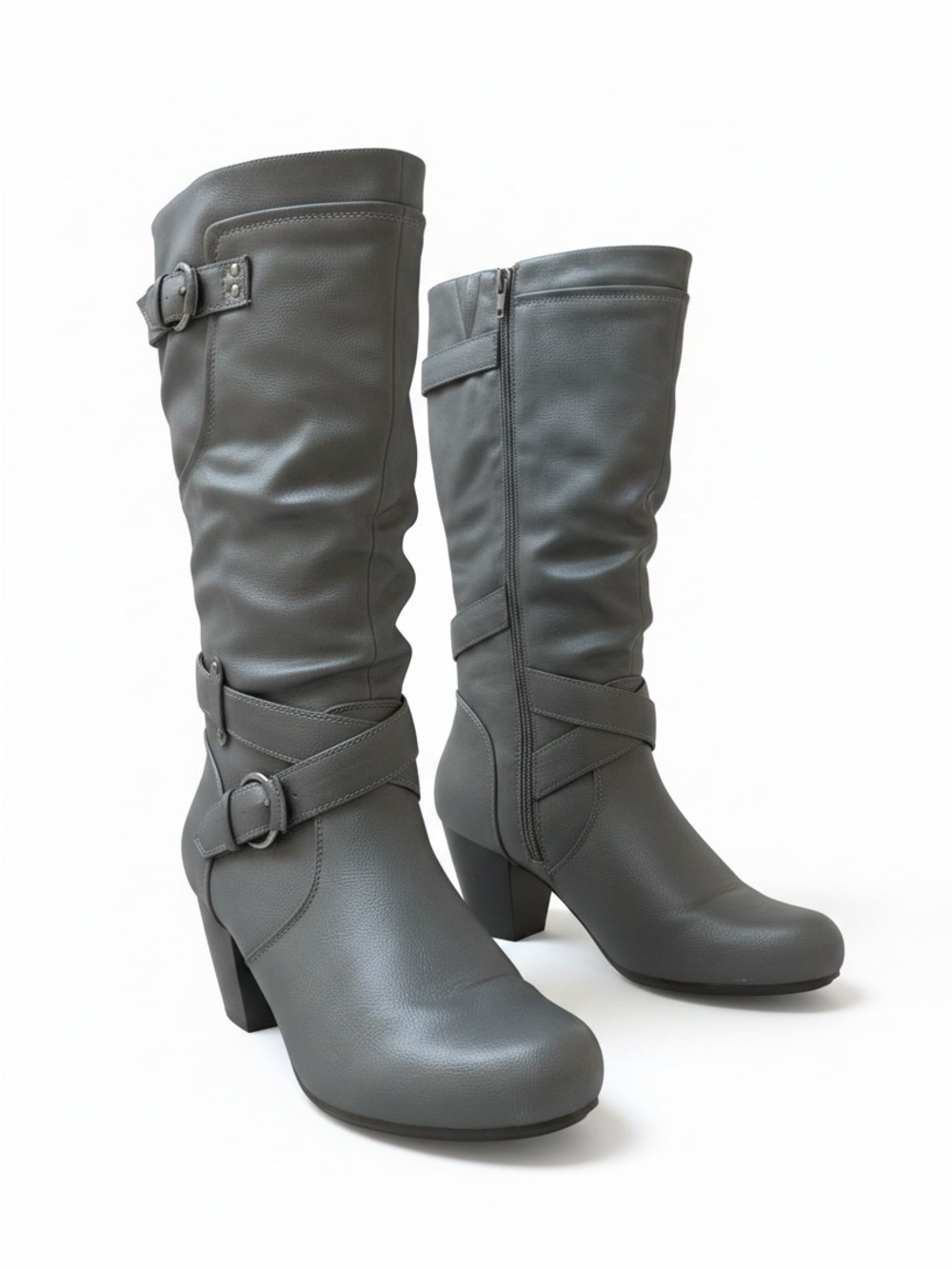 Rialto Coralynn Dark Gray Ruched Mid-Calf Buckle Heel Boots 8M